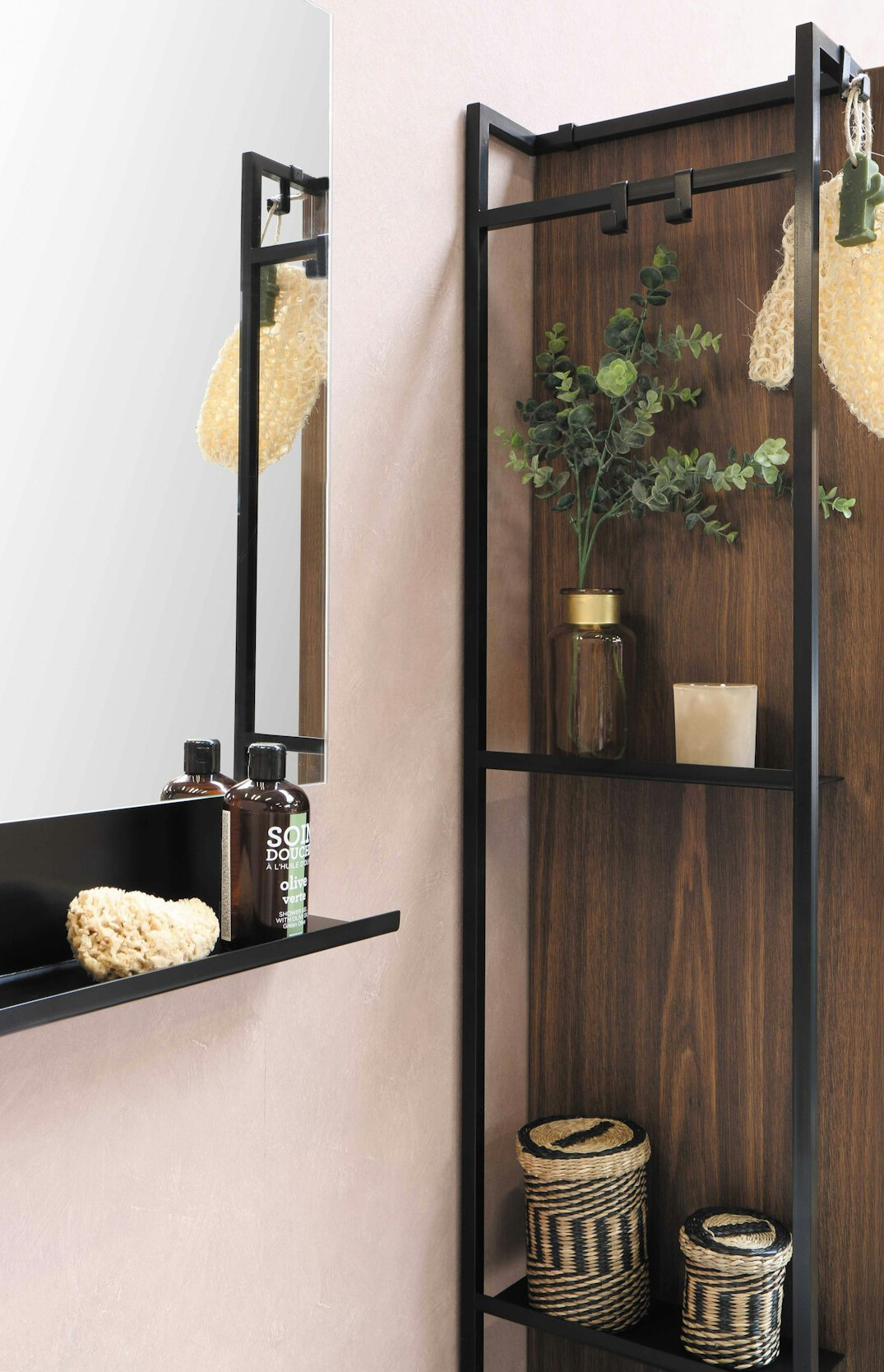 person organizing bathroom shelves